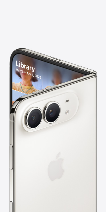 iPhone Duo, Star White colour, complete back exterior, Apple logo in centre, 48MP Dual Fusion camera system, partial front interior, photo library displayed on screen