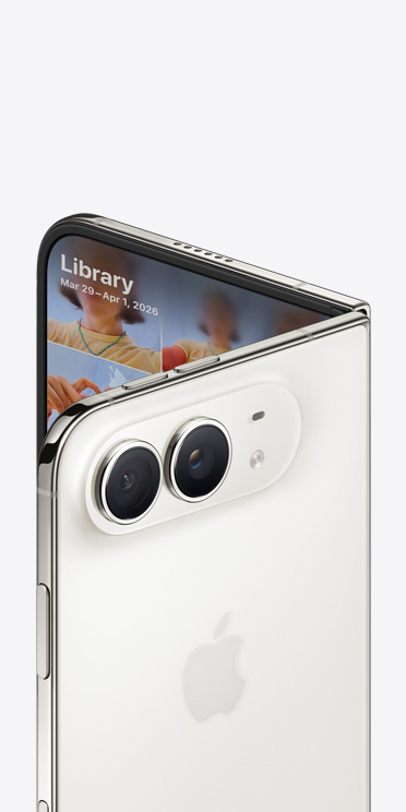 iPhone Duo, Star White colour, complete back exterior, Apple logo in centre, 48MP Dual Fusion camera system, partial front interior, photo library displayed on screen