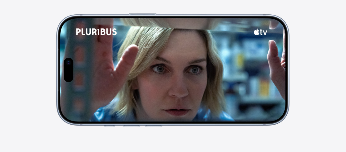 iPhone 18 Pro, front exterior in a horizontal position, Apple TV show ‛Pluribus’ plays on screen