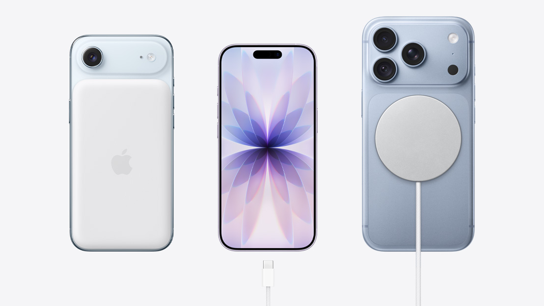 iPhone models shown side by side, iPhone Air, back exterior, Cloud White colour with MagSage battery, iPhone 17, front exterior, generic wallpaper displayed on screen, iPhone 18 Pro, Glacier colour, back exterior, MagSafe charger attached
