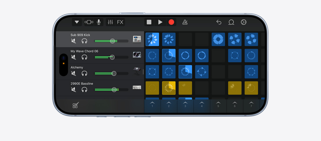 iPhone 18 Pro, Glacier colour, front exterior in a horizontal position, Garage Band in use