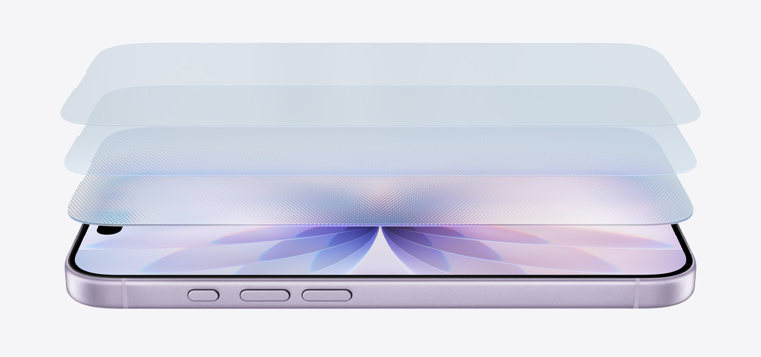Hátára fektetett levendulaszínű iPhone 17, felette a Ceramic Shield 2 előlap rétegei lebegnek egymástól szétválasztva.