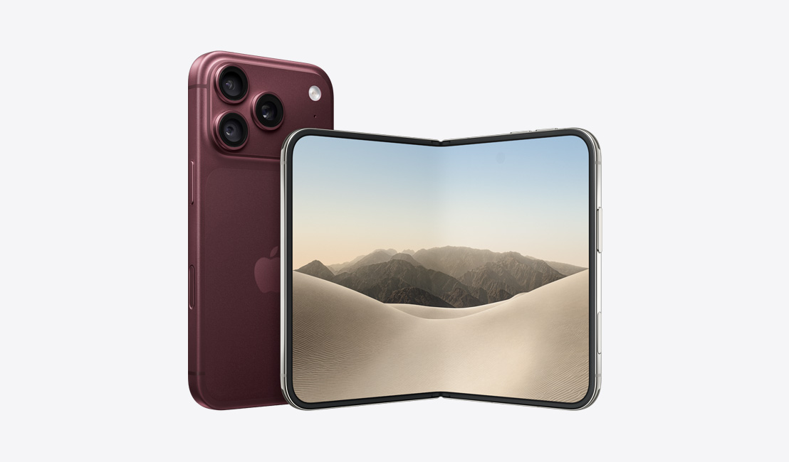 iPhone 18 Pro, Burgundy colour angled back exterior, 48MP Pro Fusion camera system, Apple logo in centre, side button, Camera Control, iPhone Duo, Star White colour, front display, partially open landscape, one image across inner screen, thin black display border, rounded corners, side button, Camera Control