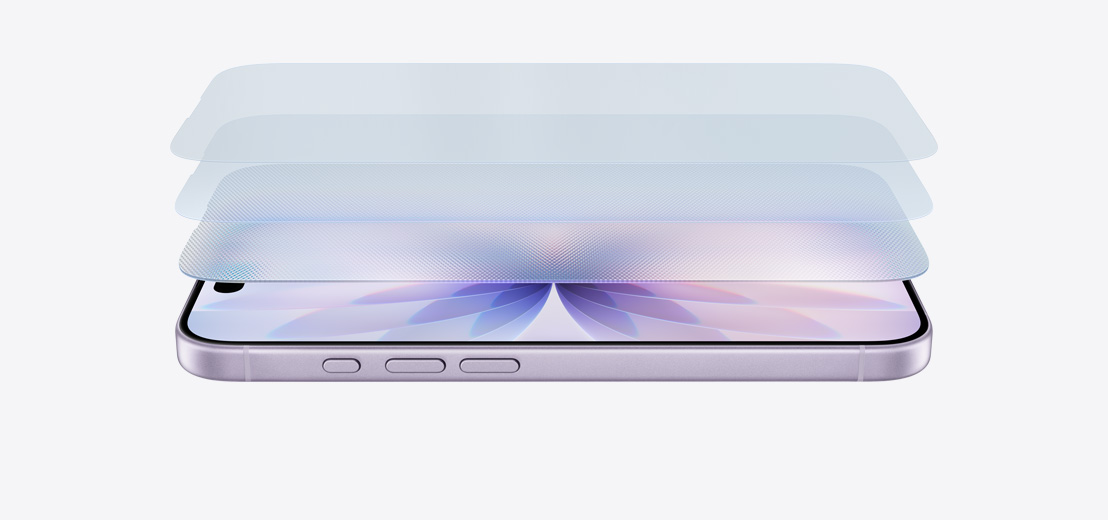 Hátára fektetett levendulaszínű iPhone 17, felette a Ceramic Shield 2 előlap rétegei lebegnek egymástól szétválasztva.