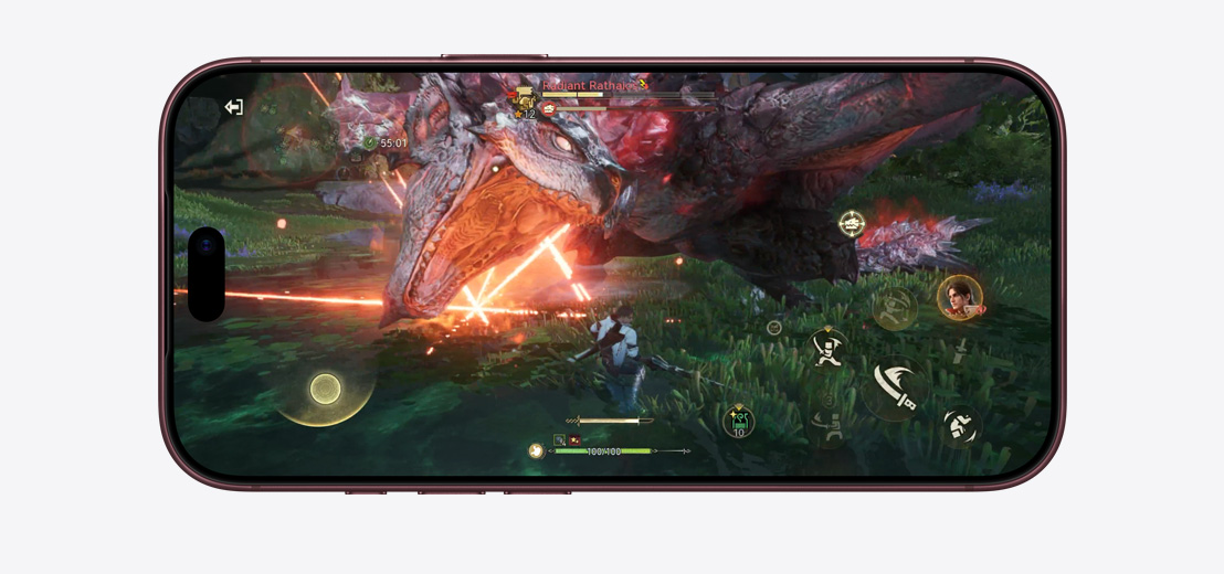 iPhone 18 Pro, front exterior, demonstrating the performance capabilities of the A20 Pro chip with a scene from Monster Hunter Outlanders