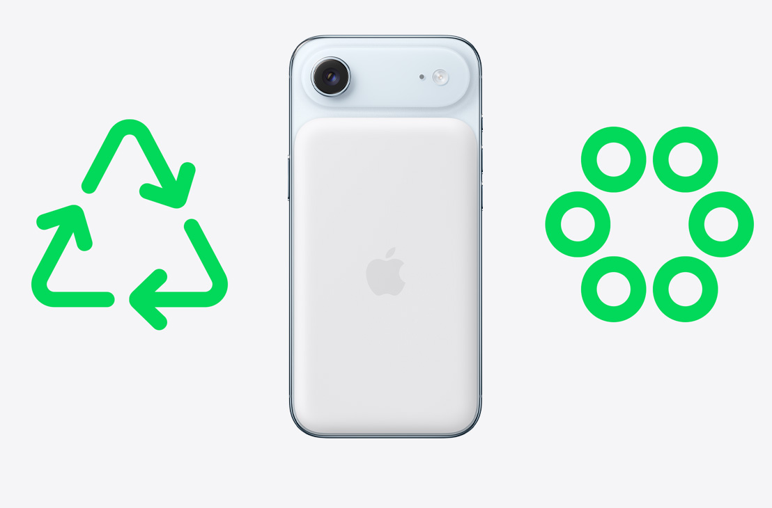 iPhone Air, sky blue colour, back exterior, centered between a green recycling symbol and six small green circles arranged in a circle