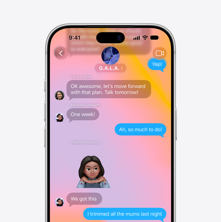 iPhone screen open to Messages app. Screen shows text conversation between two people that includes a Memoji.
