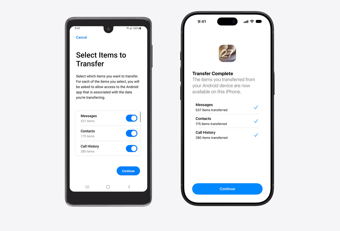 Android device on left, iPhone on right. Android device displays the Move to iOS App, with Select Items to Transfer heading and Messages, Contacts, and Call History Selected. iPhone screen shows Transfer Complete.