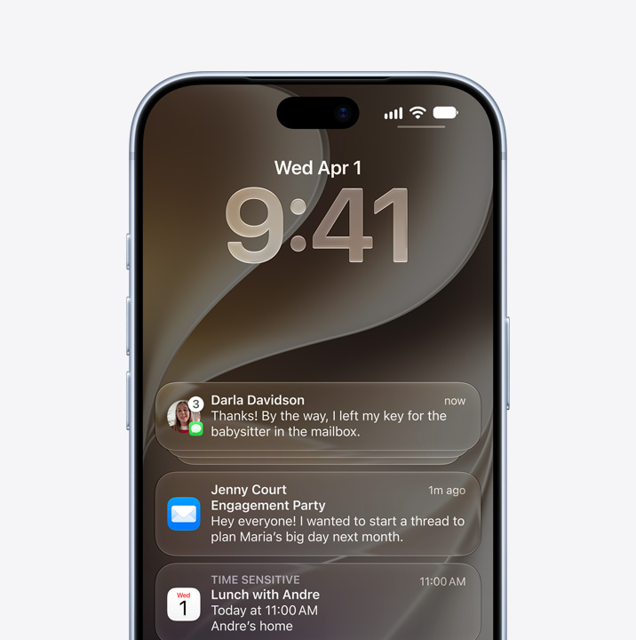 iPhone 18 Pro, front exterior, Messages, Mail, and Calendar app notifications on locked screen