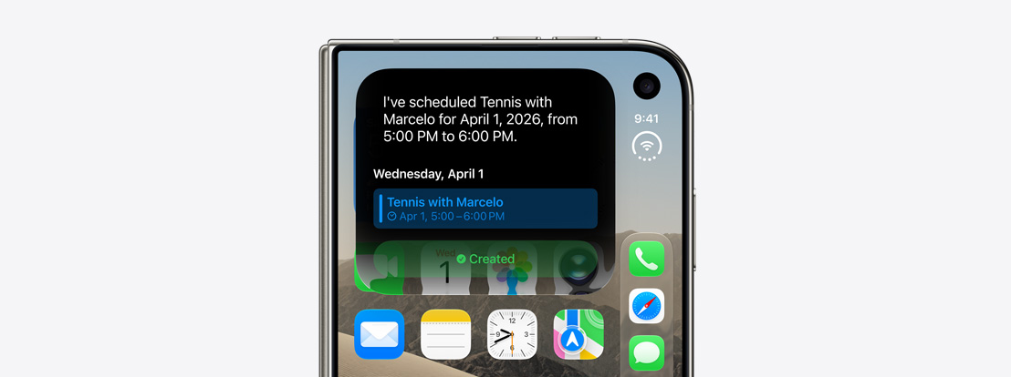 iPhone Duo, closed, Siri AI notification indicating a calendar update on outer display