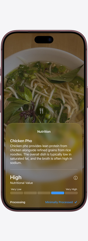 iPhone 18 Pro, front exterior, Siri mode in Camera being used to provide nutritional information about a bowl of chicken pho with noodles, veggies and broth