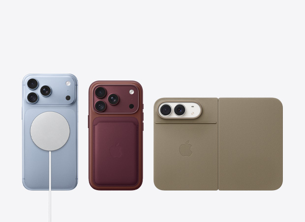 Side-by-side, new iPhone models showing accessories like the MagSafe charger, FineWoven Wallet with MagSafe, Folio with Kickstand
