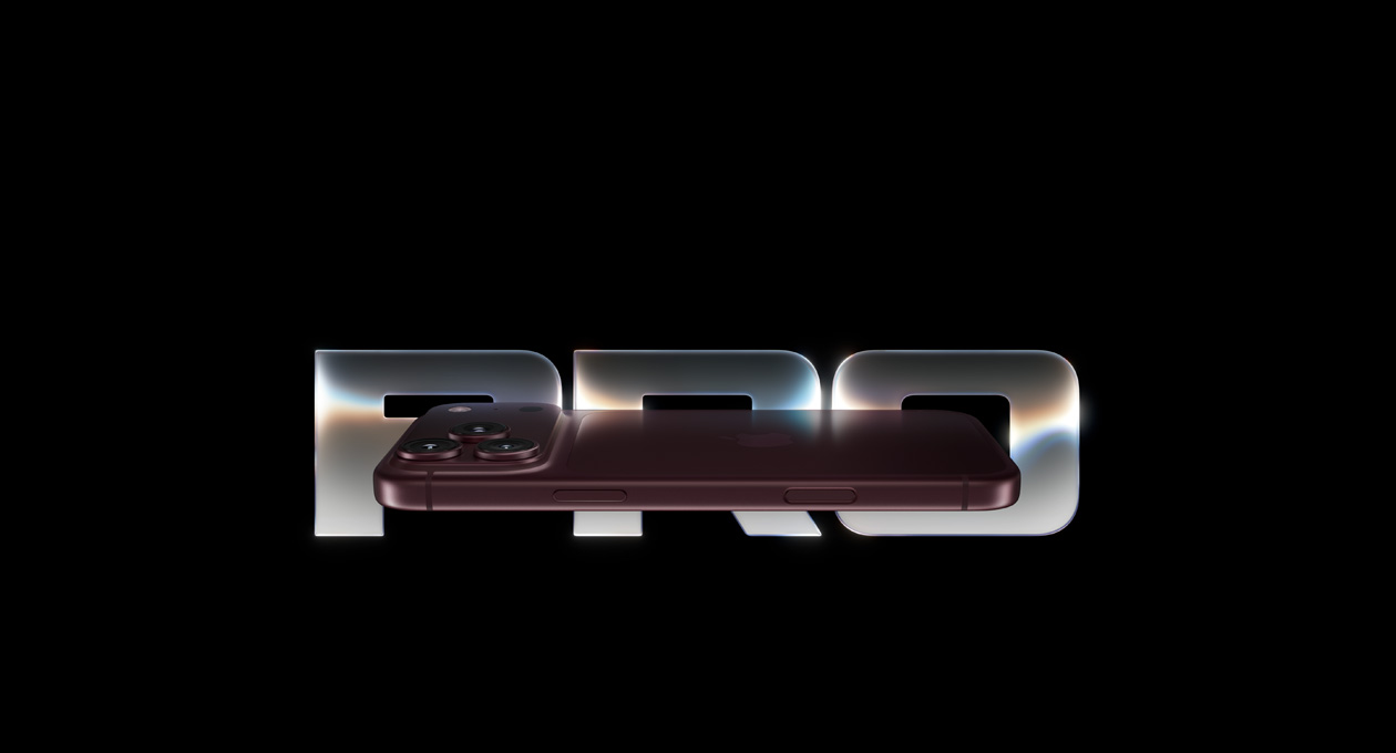 iPhone 18 Pro, partial side view, burgundy colour, featuring a camera system with three lenses in the top left corner, flash and microphone, Apple logo in the middle, action and volume button featured slides over a giant text saying PRO