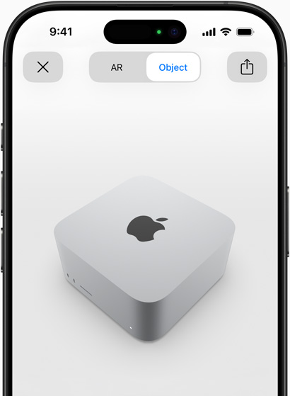 AR로 Mac Studio 미리보기를 보여주고 있는 iPhone 화면