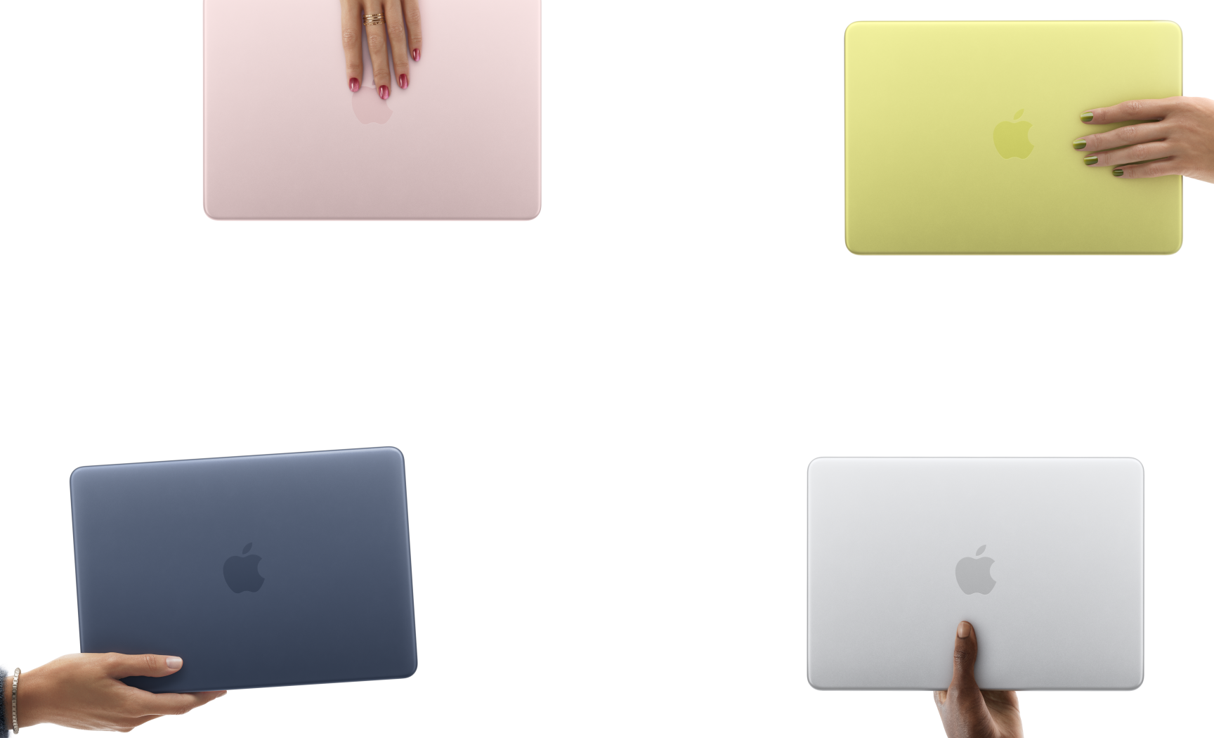 MacBook Neo laptops in various colors, each held in a different person's hand