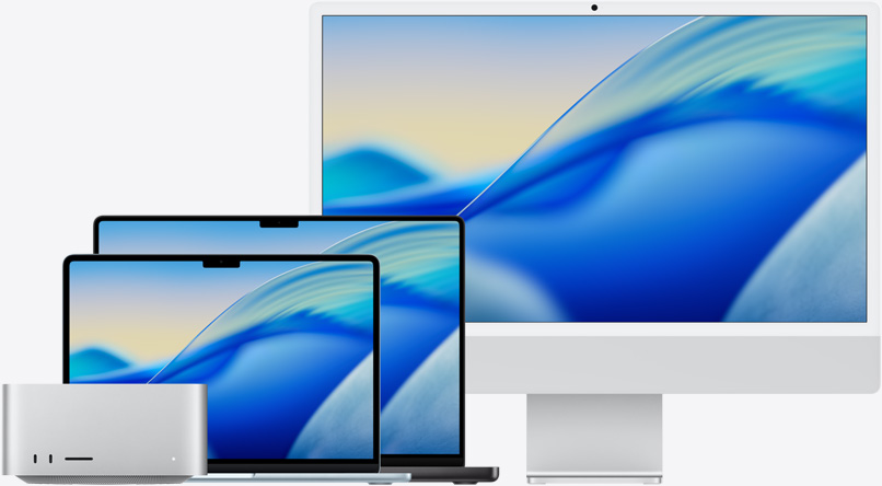 macOS Tahoe-háttérkép a Mac-modellek következő termékcsaládján balról jobbra: Mac Studio, 13 hüvelykes MacBook Air égkék színben, 14 hüvelykes MacBook Pro asztrofekete színben és 24 hüvelykes iMac ezüstszínben