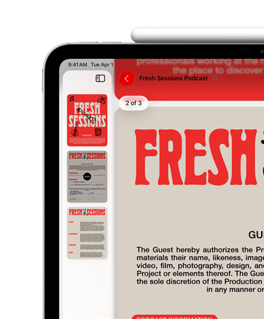 iPad, horizontale stand, Apple Pencil magnetisch bevestigd aan de bovenkant van de iPad, linkerbovenkant scherm, toont pdf in Voorvertoning