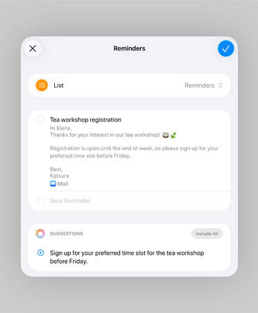 Liste in der Erinnerungen App mit intelligenten Erinnerungen und vorgeschlagenen Aufgaben