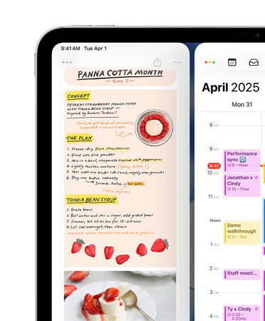 Ein iPad im Querformat, oben links auf dem Bildschirm sind die Notizen App und der Kalender als Beispiel für das Fenstersystem nebeneinander angeordnet