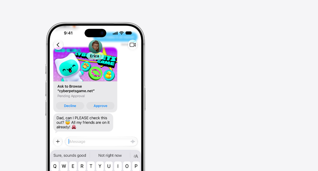 iPhone 18 Pro, Silver, top two-thirds visible, front screen shows text message with cyberpetsgame.net screengrab, Decline and Approve buttons under graphic, message text, Dad, can I please check this out, all my friends are on it already