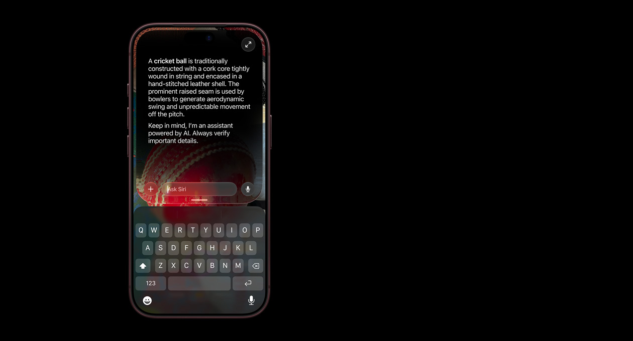 iPhone 18 Pro, Burgundy, screen displaying Siri mode in Camera with a photo of cricket balls and Siri AI response sharing detailed information about cricket balls, Ask Siri dialogue shown