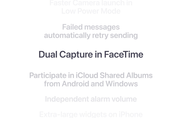 A vertical list of features, with “Dual Capture in FaceTime” displayed in bold at the centre. Surrounding features fade into the background above and below.