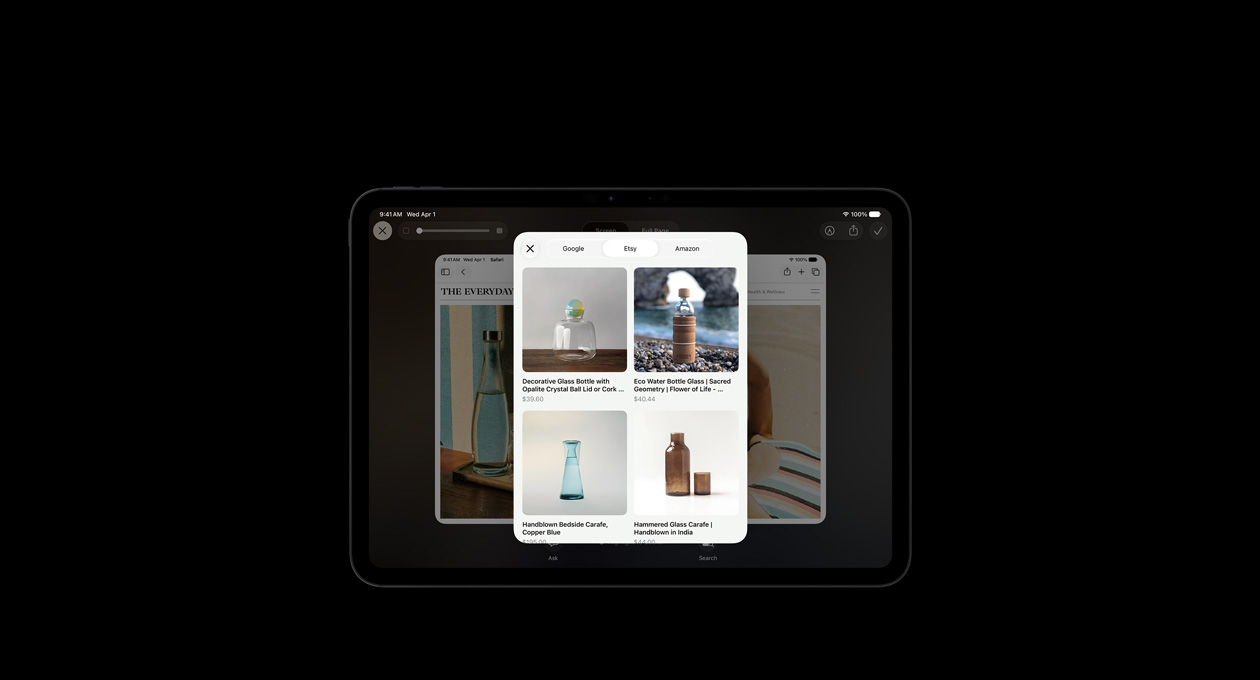 iPad Pro 11, Space Black, screen shows image of products in response to a Visual Intelligence onscreen query about glass bottles, Ask or Image Search buttons displayed under images