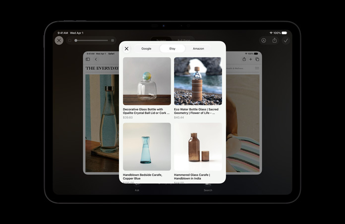 iPad Pro 11, Space Black, screen shows image of products in response to Visual Intelligence onscreen query about glass bottles, Ask or Image Search buttons displayed under images