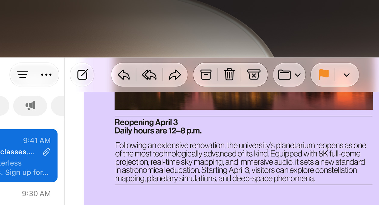 Close-up of Mail app, a university newsletter's text and the Mail app's buttons are incredibly clear and appear to have unique texture