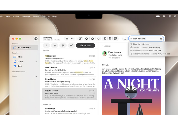 Mail app is open on a MacBook screen, emails regarding a New York trip are listed, words New, York and trip are highlighted in yellow where they appear in each email