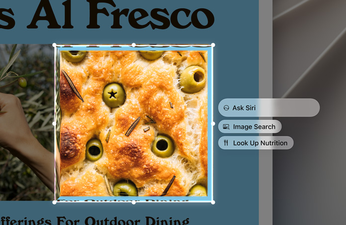 Visual Intelligence, Ask Siri, Image Search and Nutritional Value boxes appear to the right of a highlighted image of olives baked into focaccia