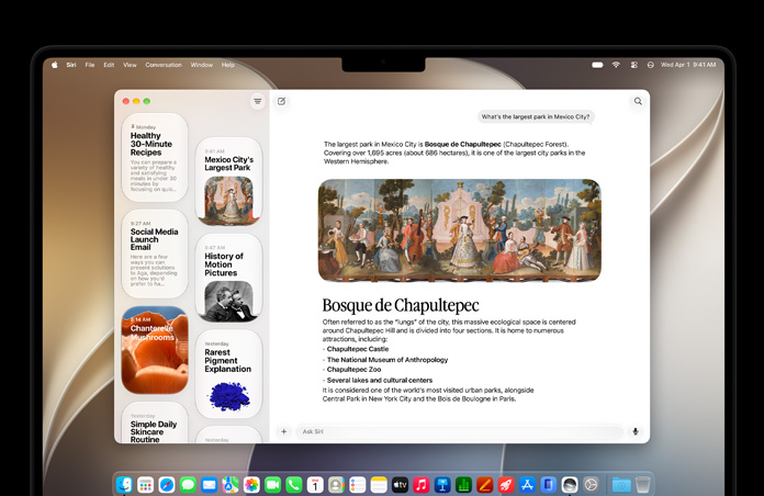 14″ MacBook Pro in Space Black, screen shows Siri app displaying an active Siri AI conversation and previous conversations in sidebar.