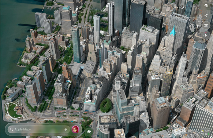 Apple Maps showing a detailed aerial view of a city with buildings, roads and green spaces