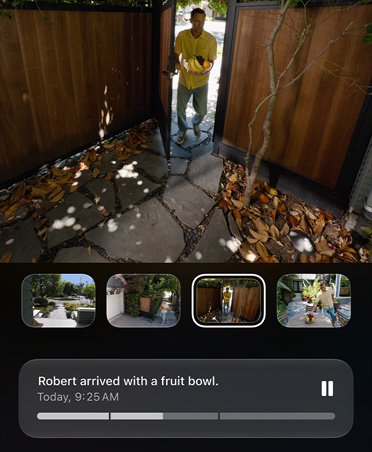 HomeKit video camera screenshots of person entering a gated backyard, AI-generated description displayed is, Robert arrived with a fruit bowl, Today, 9:25 AM