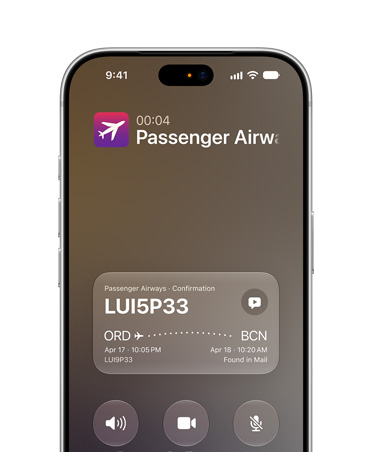 iPhone 18 Pro, Silver, displaying Call Context feature powered by Apple Intelligence. Front screen shows airline confirmation details while on a call