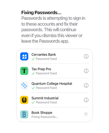 Passwords app reviews passwords and marks them either as security upgraded or compromised passwords.