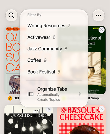 iPhone Safari browser, displaying the Filter menu with categories like Writing Resources, Activewear, Jazz Community, Coffee and Book Festival, with Automatically Organise option selected