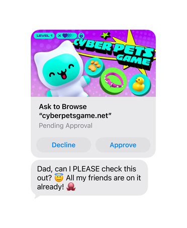 Screen showing text message with cyberpetsgame.net screengrab, Decline and Approve buttons under graphic, message text, 