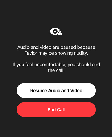 Auto-generated message to parent about the sensitive and unsafe content their child may be viewing on a FaceTime call, with options to Resume Audio and Video or End Call