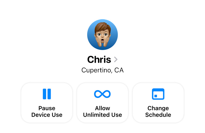 Settings app options for a parent to Pause Device Use, Allow Unlimited Use or Change Schedule for their child