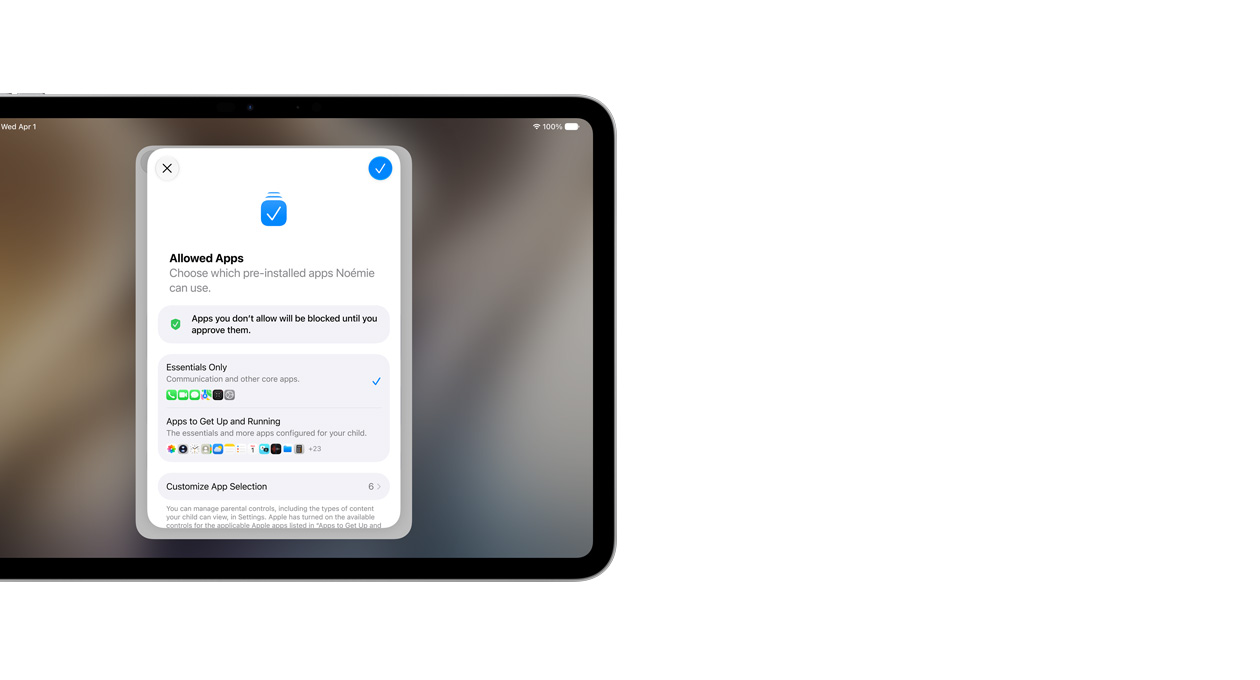 iPad Pro 11, Silver, screen shows Setup Assistant app with selection of apps that a parent can choose for their child