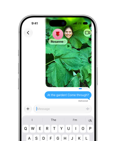 Screen shows a photo of a person posing in a leafy plant being sent in Messages with a send indicator status bar showing the send progress, sent message under image, text reads: At the garden! come through?