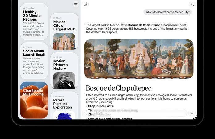 iPad Pro 11, Space Black, front screen shows Siri app displaying an active Siri AI conversation and previous conversations in sidebar.