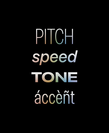 Characteristics of voice written against a black background, text reads: Pitch, speed, tone, accent