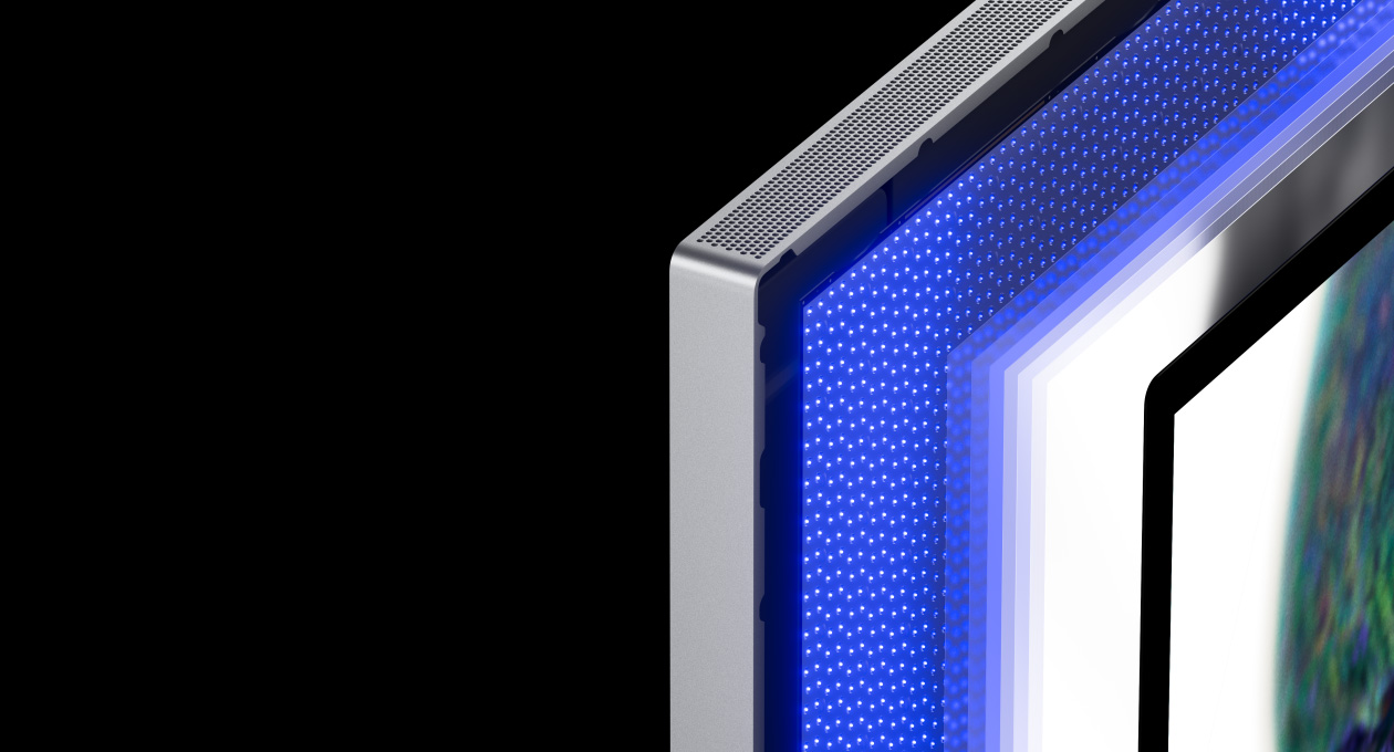Eine Galerie zeigt die Features des Studio Display XDR, darunter Mini-LED Hintergrund-Beleuchtung, Helligkeits- und Kontrastfunktionen, Adaptive Sync und Konnektivität