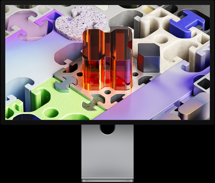 Vorderseite des Studio Display XDR mit einem dreidimensionalen, puzzleähnlichen Hintergrundbild