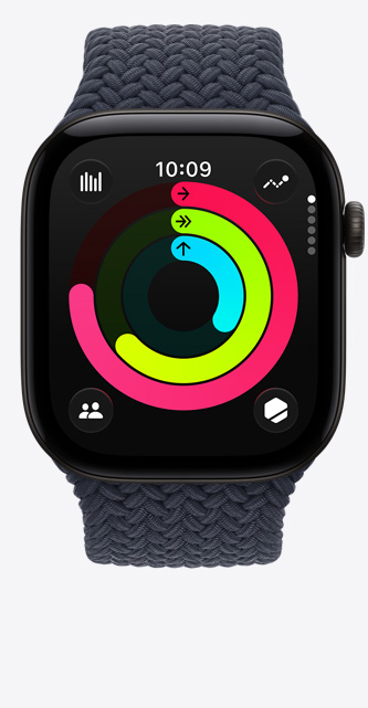 Apple Watch Series 12, caja de aluminio, color negro, círculos de Actividad: Moverse, Ejercicio, Pararse, Digital Crown, correa uniloop trenzada, color azul marino