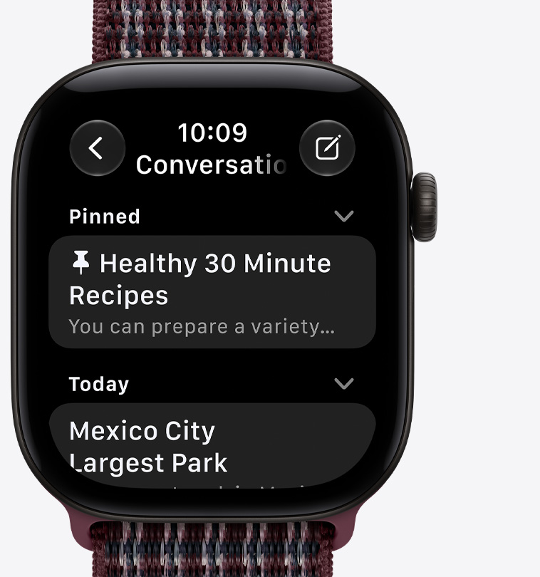 Apple Watch Series 12, aluminium case, black colour pinned conversations screen, Sport Loop band, burgundy plaid color