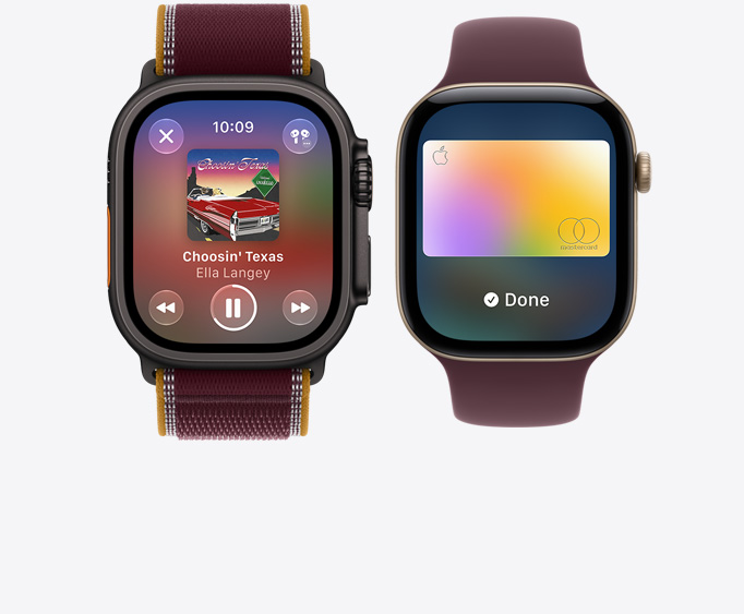 Apple Watch Ultra 4, titanium case, black color, Apple Music app, now playing screen, Trail Loop band, burgundy color; Apple Watch Series 12, aluminum case, light gold color, Apple Pay screen, Apple Card, Sport Loop band, burgundy color