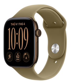 Apple Watch Series 12, aluminum case, dark bronze color, Modular Compact watch face, complications: day and date, Run workout, heart rate, readiness, right side exterior, Digital Crown, side button, Sport Band, olive color